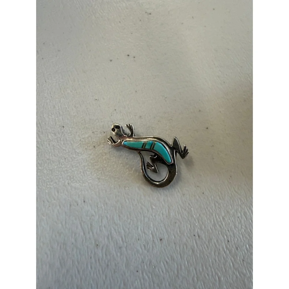 Southwestern Turquoise Inlay Lizard Gecko Pin Silver Tone Animal Brooch‎